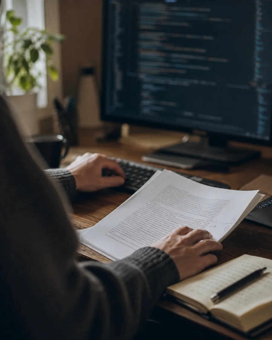 コードを表示したモニターと小説原稿の間で手を動かす開発者の制作風景