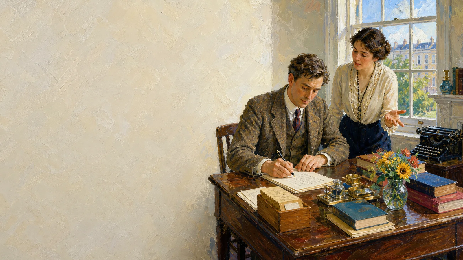 1920年代の英国の書斎で、会話を受けながら物語を考え、原稿を書く作者