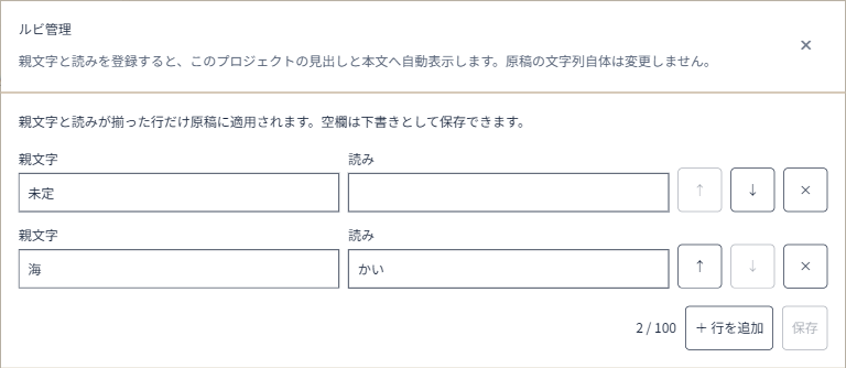 Web版のルビ管理画面。親文字と読みを並べて編集し、行の追加、移動、削除、保存ができます。