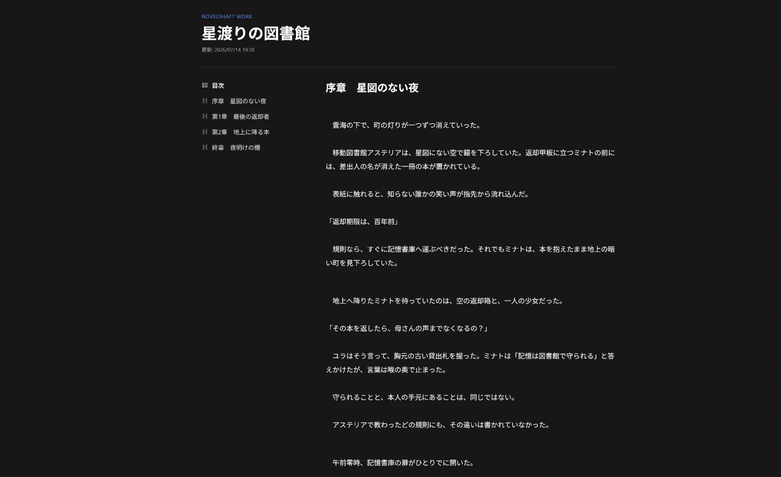 目次と小説本文を表示するNovelShaftの読者向け公開ページ